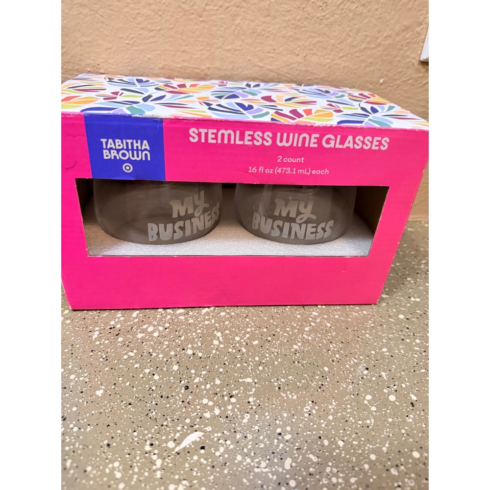 Tabitha Brown Target Stemless Wine Glasses My Business Etched Gold Rim 16oz 2pk